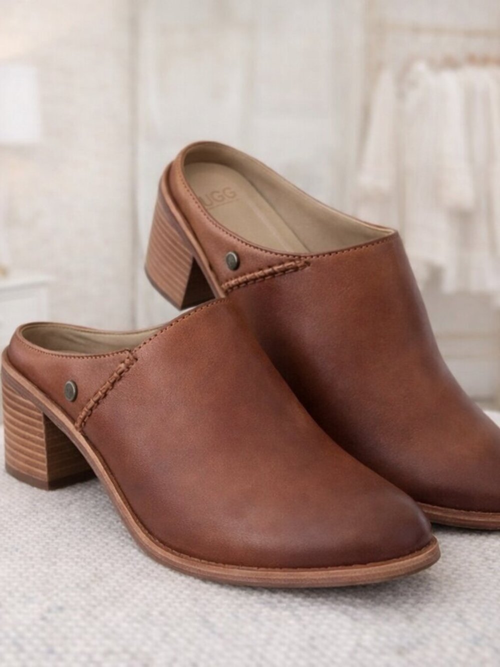 UGG Women's Lovisa Brown Leather Slip-On Mule Heels Classic Minimalist